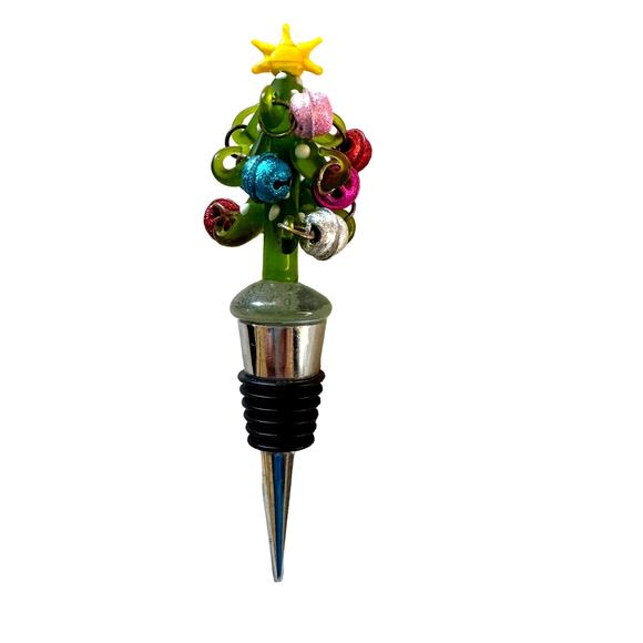 Glass Christmas Tree Wine Bottle Stopper with Jingles in Gift Box - Picture 1 of 6